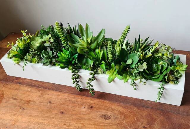 Faux Succulent Planter Artificial Foliage Wood Centrepiece, Modern Decor - image 1