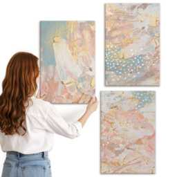 Canvas Wall Art Set Of 3 - Patterns in Pastel Colors Texture, Pink Canvas, Abstract Hanging Piece - thumbnail 2