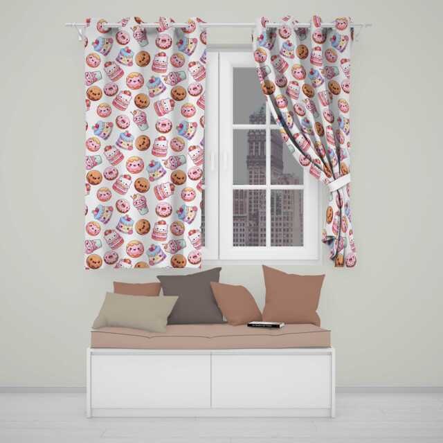 Cute Kawaii Donuts Cakes & Cupcakes With Smiling Faces Seamless Pattern Readymade Eyelet Ring Top Thermal 100% Blackout Curtains - image 1