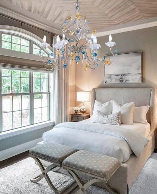 Made in Italy Silver Hand Forged Wrought Iron 6 Lights Chandelier With Blue Roses & Crystal Flowers - image 1