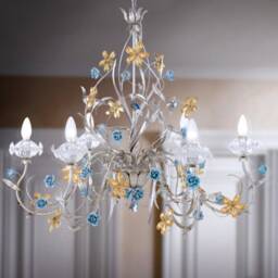 Made in Italy Silver Hand Forged Wrought Iron 6 Lights Chandelier With Blue Roses & Crystal Flowers - thumbnail 2