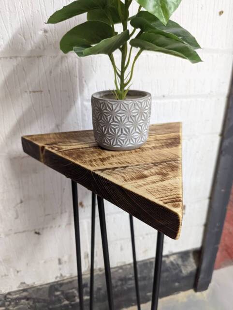 Triangular Rustic Plant Stand/ End Table, With Steel Hairpin Legs- Reclaimed Wood - image 1