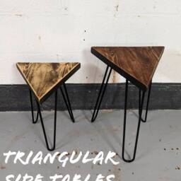 Triangular Rustic Plant Stand/ End Table, With Steel Hairpin Legs- Reclaimed Wood - thumbnail 2