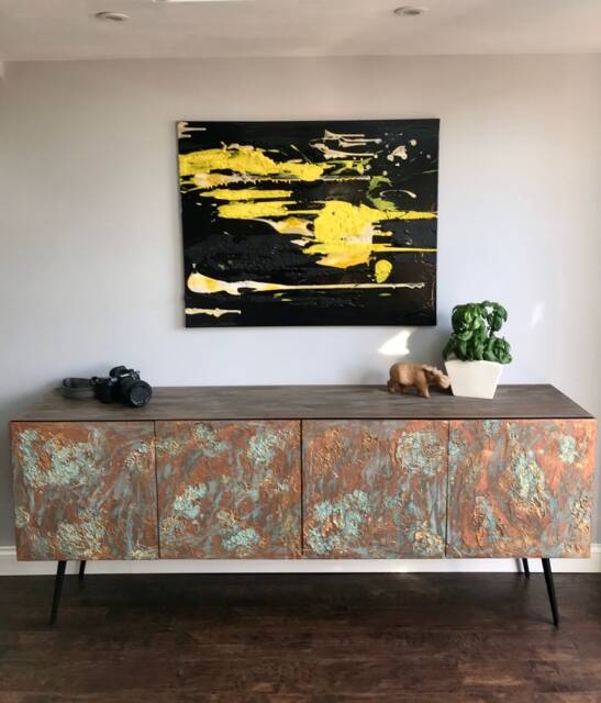 Mid Century Style Sideboard Copper Patina With Angled Legs & Top - image 1