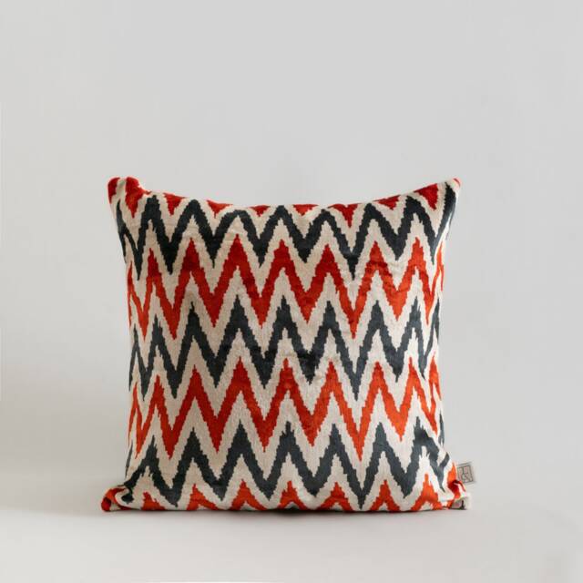 Silk Velvet Ikat Pillow Cover - Coral Antracite Covers - image 1