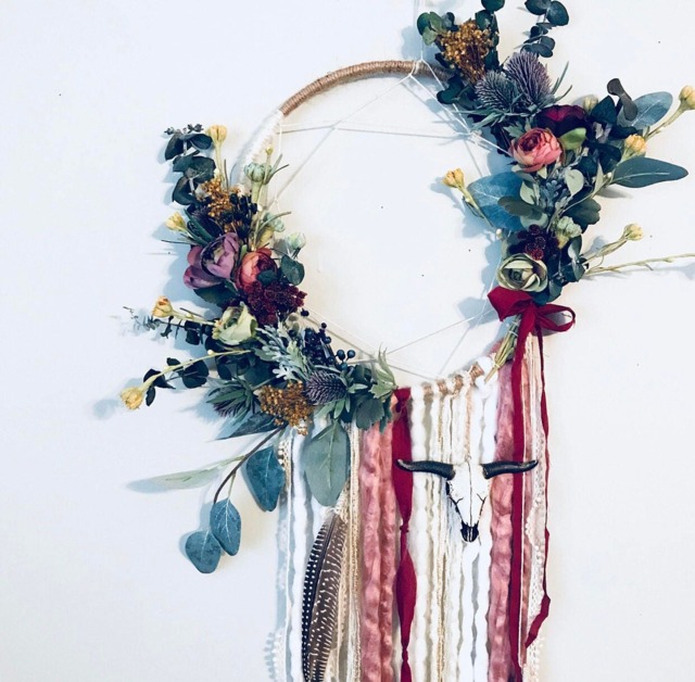 Floral Dreamcatcher Wall Hanging, Boho Steer Head Decor - image 1