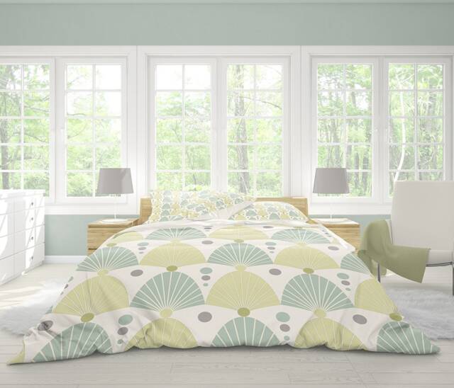 Art Deco Duvet Cover, Bedding, , Geometric Cover, Pastel Duvet, Sage Green Duvet, Vintage Duvet, Yellow - image 1