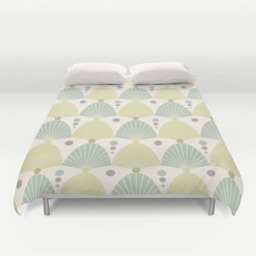 Art Deco Duvet Cover, Bedding, , Geometric Cover, Pastel Duvet, Sage Green Duvet, Vintage Duvet, Yellow - thumbnail 2
