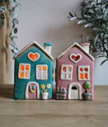 Ceramic House Tealight Holders - Garden Heart Pink Teal