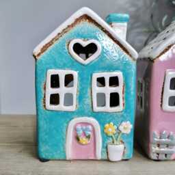 Ceramic House Tealight Holders - Garden Heart Pink Teal - thumbnail 3