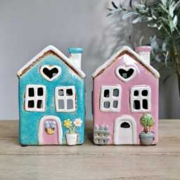 Ceramic House Tealight Holders - Garden Heart Pink Teal - thumbnail 2