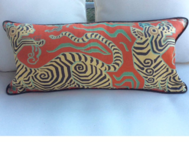 Clarence House Pillow Cover in Tibet Dragon(Cinnabar Printlbrown Linen Cord & Back - image 1