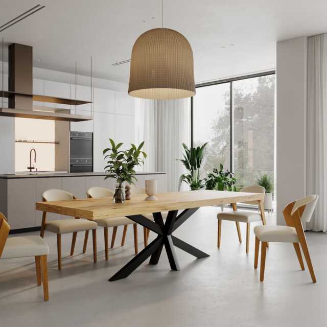 3 Inch Star Dining Table Rustic Solid Wood Industrial Straight Edge Steel Base - image 1
