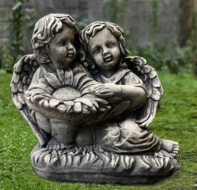 Concrete Baby Angel With Sunflower Statue Stone Pair Cherub Sculpture Outdoor Children Decoration Guardian Figurine Memorial Kids Yard Art - image 1