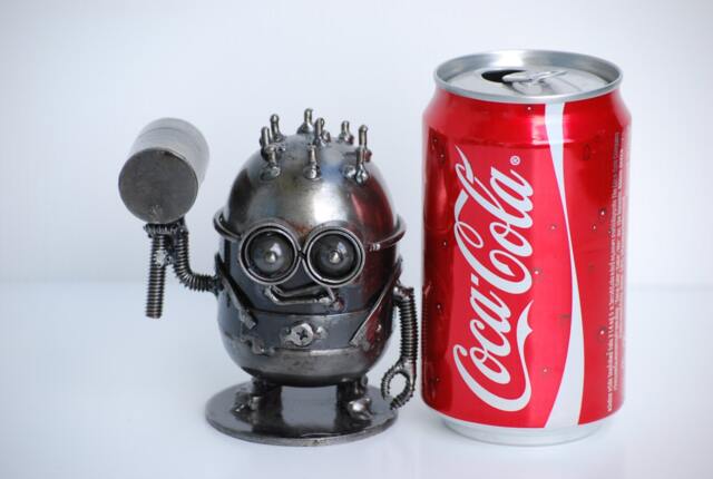Handmade Metal Mini Robot Sculpture, Recycled Steel Art Figure, Funny Valentine Gift, Holiday Ornament - image 1