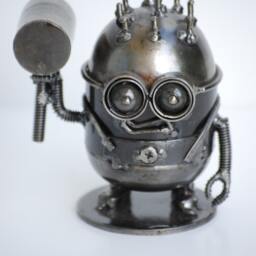 Handmade Metal Mini Robot Sculpture, Recycled Steel Art Figure, Funny Valentine Gift, Holiday Ornament - thumbnail 2
