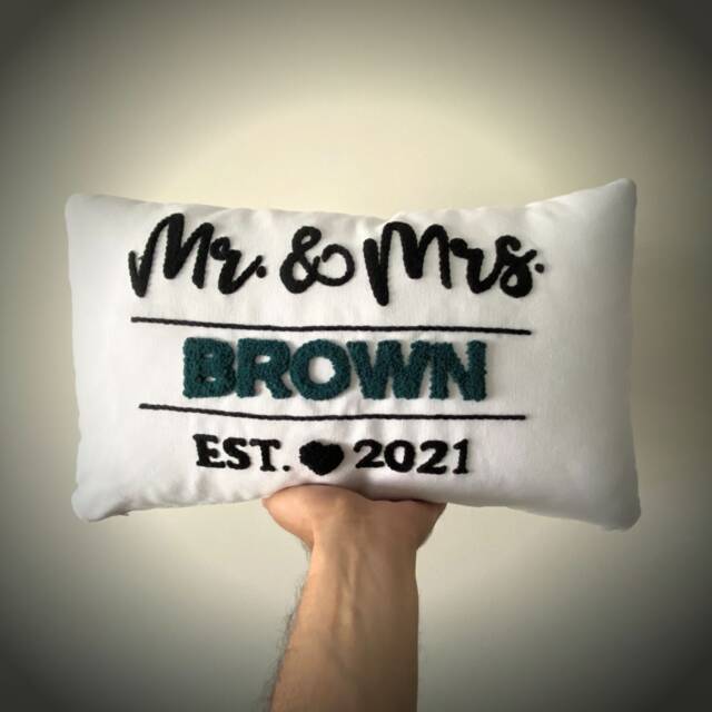 Custom Punch Needle Embroidery Pillow, Personalized Mr & Mrs Linen Anniversary Gift - image 1