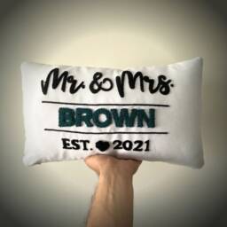 Custom Punch Needle Embroidery Pillow, Personalized Mr & Mrs Linen Anniversary Gift - thumbnail 1