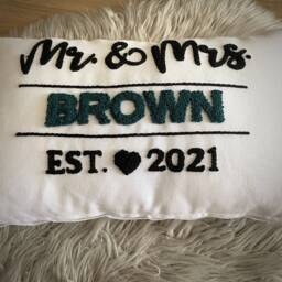 Custom Punch Needle Embroidery Pillow, Personalized Mr & Mrs Linen Anniversary Gift - thumbnail 3