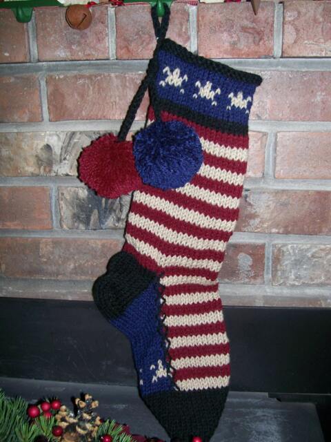 Hand Knit Christmas Stocking Rustic Americana Stripes Red Blue Star By Santa's Works - image 1