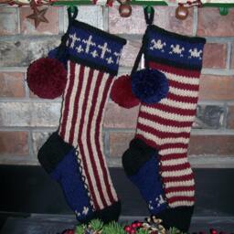 Hand Knit Christmas Stocking Rustic Americana Stripes Red Blue Star By Santa's Works - thumbnail 2