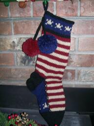 Hand Knit Christmas Stocking Rustic Americana Stripes Red Blue Star By Santa's Works