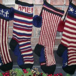 Hand Knit Christmas Stocking Rustic Americana Stripes Red Blue Star By Santa's Works - thumbnail 4
