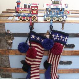 Hand Knit Christmas Stocking Rustic Americana Stripes Red Blue Star By Santa's Works - thumbnail 3