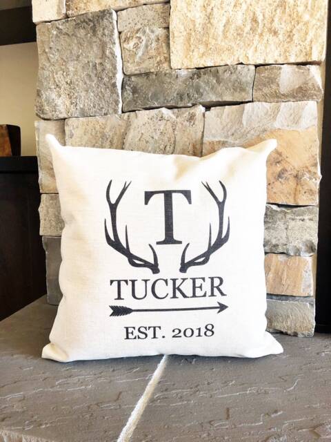 Monogrammed Antler Pillow Personalized Linen Cabin Decor - image 1