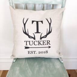 Monogrammed Antler Pillow Personalized Linen Cabin Decor - thumbnail 2