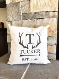Monogrammed Antler Pillow Personalized Linen Cabin Decor - thumbnail 1