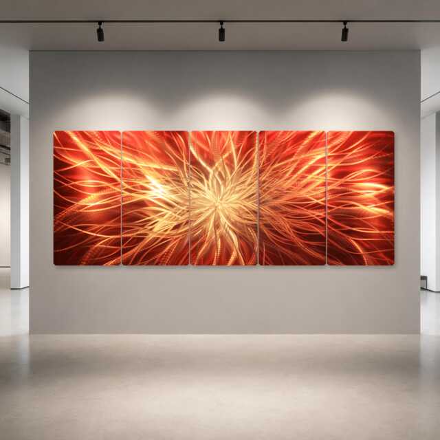 Large Abstract Metal Wall Art, Red Gold Radiating Design, Modern Art For Living Room - image 1