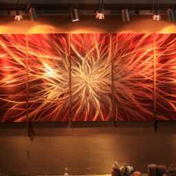 Large Abstract Metal Wall Art, Red Gold Radiating Design, Modern Art For Living Room - thumbnail 3