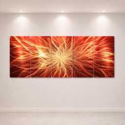 Large Abstract Metal Wall Art, Red Gold Radiating Design, Modern Art For Living Room - thumbnail 4