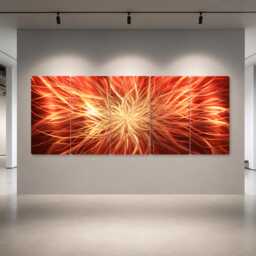 Large Abstract Metal Wall Art, Red Gold Radiating Design, Modern Art For Living Room