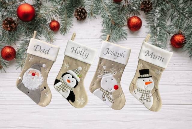 Personalised Christmas Stockings. Silver Plush Lined Luxury Stocking. Name Santa, Reindeer, Penguin Stockings, Deluxe Grey - image 1
