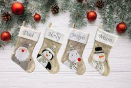 Personalised Christmas Stockings. Silver Plush Lined Luxury Stocking. Name Santa, Reindeer, Penguin Stockings, Deluxe Grey