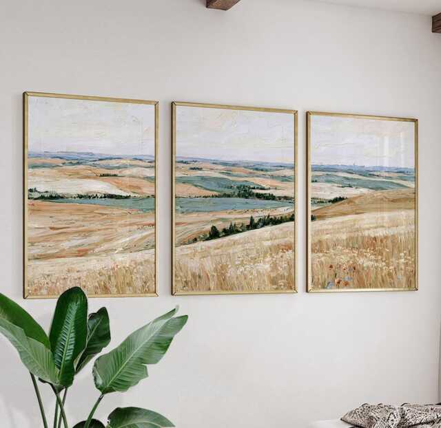 Golden Field Trio, Countryside Landscape Wall Art Set - image 1