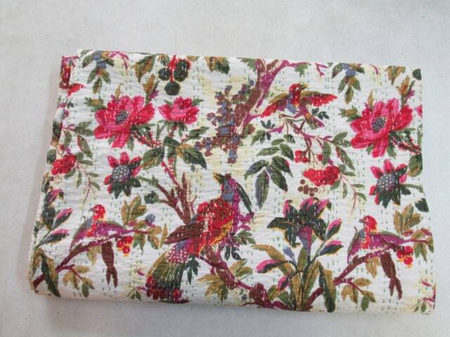 Handmade Bird Print Kantha Quilt King Size Bohemian Bedspread - image 1