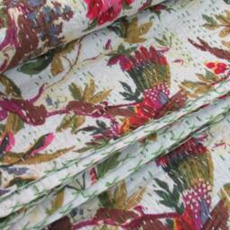 Handmade Bird Print Kantha Quilt King Size Bohemian Bedspread - thumbnail 3