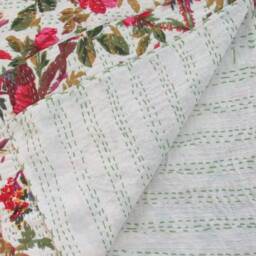 Handmade Bird Print Kantha Quilt King Size Bohemian Bedspread - thumbnail 2