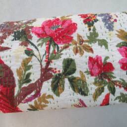 Handmade Bird Print Kantha Quilt King Size Bohemian Bedspread - thumbnail 4