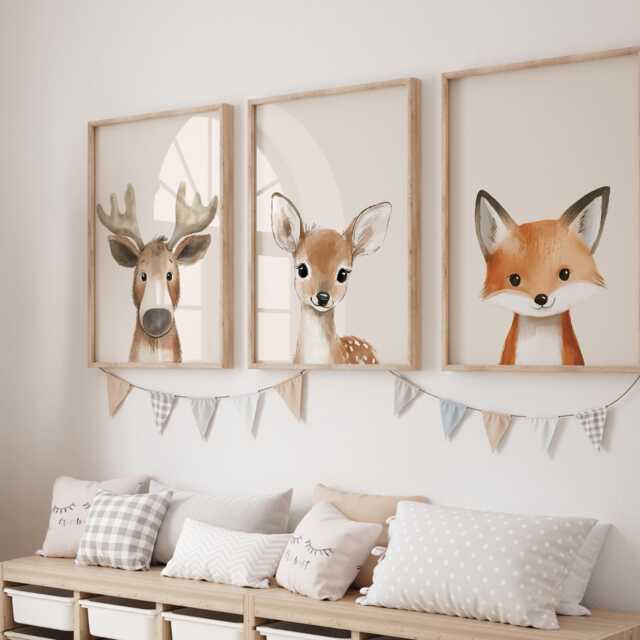 Woodland Nursery Prints, Decor, Wall Art, Set Of 3 Animals - image 1