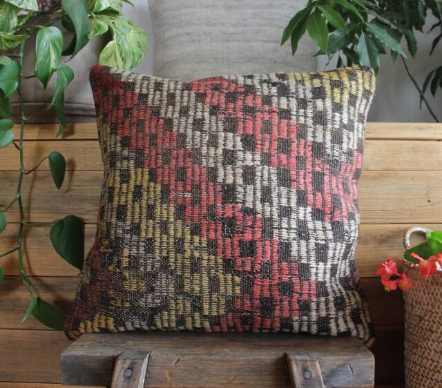 45cm Vintage Kilim Pillow Cover Handwoven - Half Brocade Rustic Red Earthy Tones - image 1