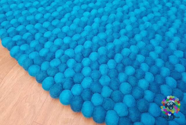 Handmade Turquoise Felt Ball Rug Round Wool Nursery Carpet - image 1