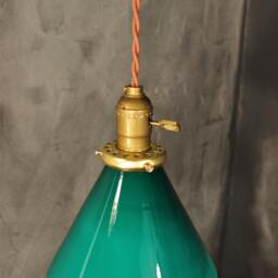 Vintage Gaming Pendant Light With Green Glass Cone Shade - Industrial Hanging Lamp - thumbnail 2