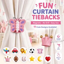 Kids Curtain Magnetic Tiebacks - Fun Cartoon Holdbacks, Butterfly Crown Car Animal Designs, No Drill Clips For Boys & Girls - thumbnail 1