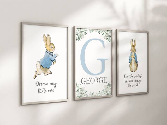 Personalised Peter Rabbit Baby Boy Girl Bunny Print Unframed Set Of 3 A4 Or A3 Birth Gift New Keepsake Blue - image 1
