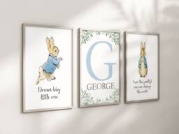 Personalised Peter Rabbit Baby Boy Girl Bunny Print Unframed Set Of 3 A4 Or A3 Birth Gift New Keepsake Blue - thumbnail 1