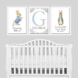 Personalised Peter Rabbit Baby Boy Girl Bunny Print Unframed Set Of 3 A4 Or A3 Birth Gift New Keepsake Blue - thumbnail 3